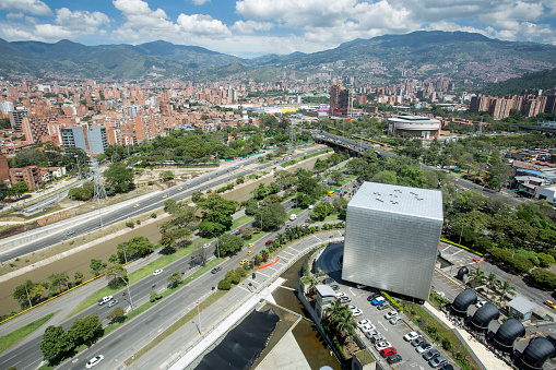 Medellín, Antioquia / Colombia - December 16, 2016. Parques del Río is a linear park located in the downtown area of the city