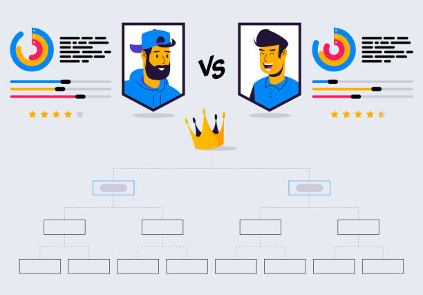 챔피언십 토너먼트 그리드의 벡터 일러스트레이션, 개인 통계의 아바타를 가진 참가자 한 쌍, 경기 전 분석 - final round stock illustrations