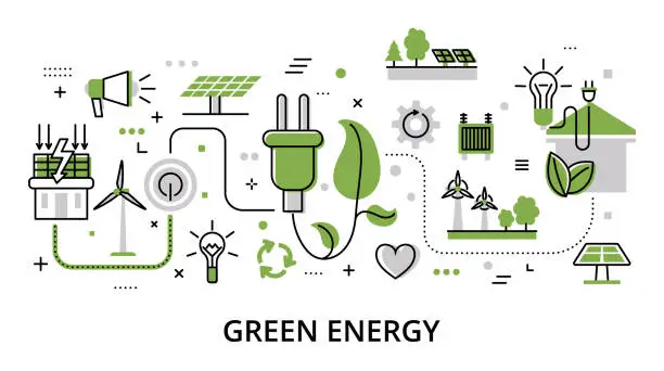 Vector illustration of Green Energy concept, flat line design vector illustration