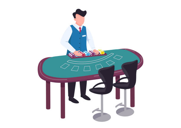 Dealer flat color vector faceless character. Man in uniform count stack of chips. Blackjack desk. Counter with layout for card deck. Croupier behind green table isolated cartoon illustration Dealer flat color vector faceless character. Man in uniform count stack of chips. Blackjack desk. Counter with layout for card deck. Croupier behind green table isolated cartoon illustration blackjack illustrations stock illustrations