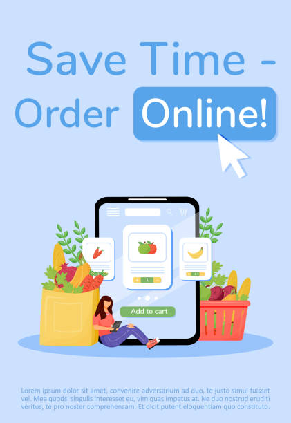 istock Greengrocery ordering poster flat vector template. Fruits and vegetables delivery brochure, booklet one page concept design with cartoon characters. Online food mobile app service flyer, leaflet 1303862840