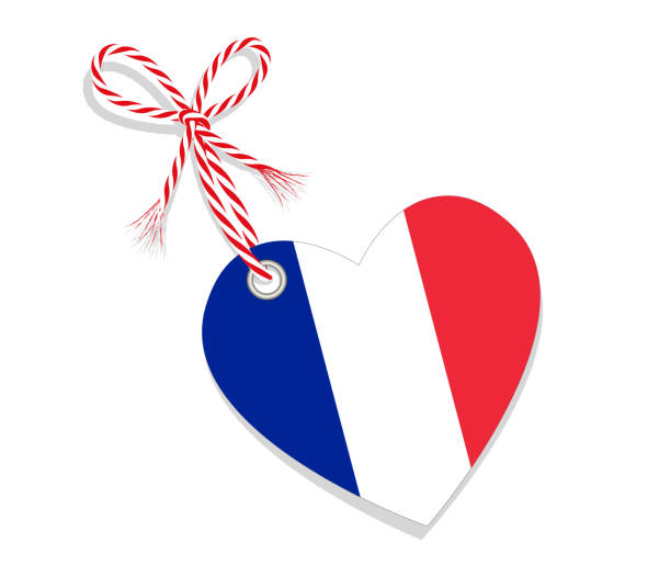 illustrazioni stock, clip art, cartoni animati e icone di tendenza di bandiera come un cuore "i love france", con una corda di corda, illustrazione vettoriale isolata su sfondo bianco - france germany flag white background