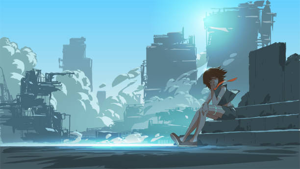 young girl in the futuristic world woman sitting outside against the futuristic city scene in the background, vector illustration manga style stock illustrations