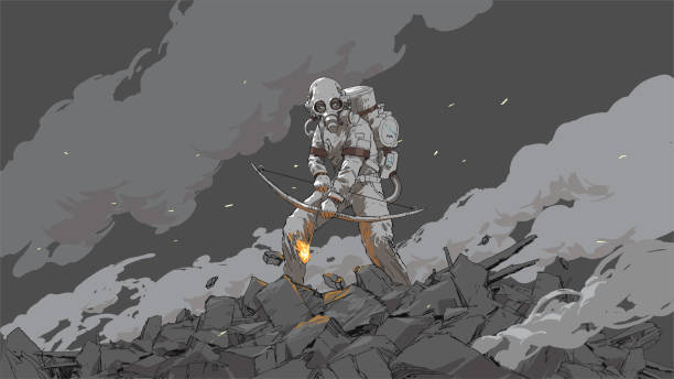 the post-dystopian archery woman in a biohazard suit holding a fire bow, vector illustration chemical weapons stock illustrations