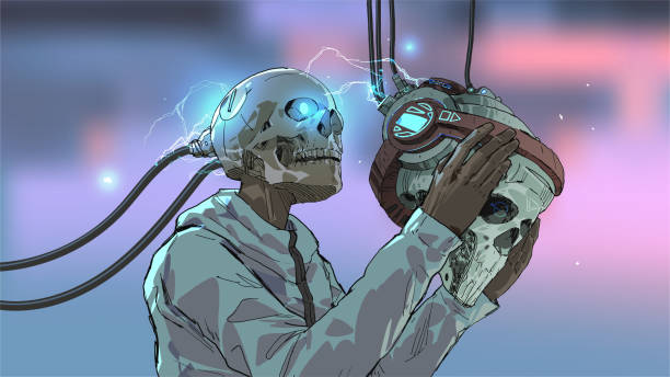 entering the futuistic world a skull man wearing the futuristic virtual reality headset, vector illustration cyberpunk stock illustrations