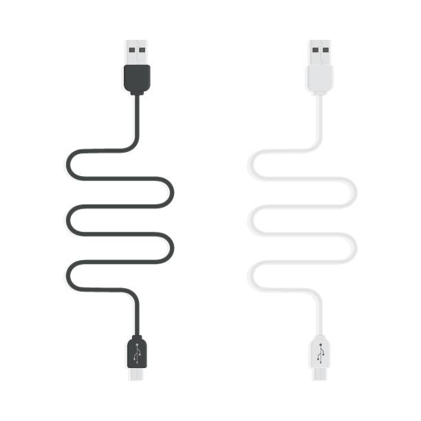 ilustrações de stock, clip art, desenhos animados e ícones de set of black and white micro cables icon. smart phone recharge supply or pc peripherals connector. cable mobile devices symbol. - cable audio equipment electric plug computer cable