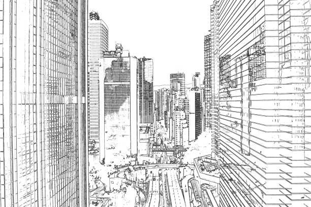 istock Hand Drawn architecture abstract in Hong Kong 1303864643