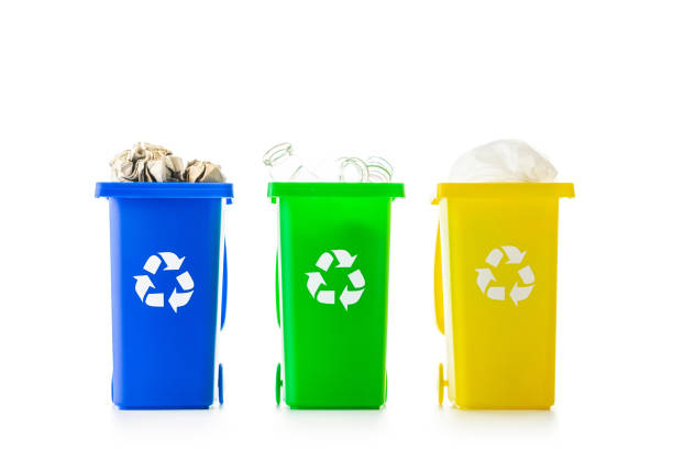 istock Recycling sorting. Bin container for disposal garbage waste and save environment. Yellow, green, blue dustbin for recycle plastic, paper and glass can trash isolated on white background. 1303865650