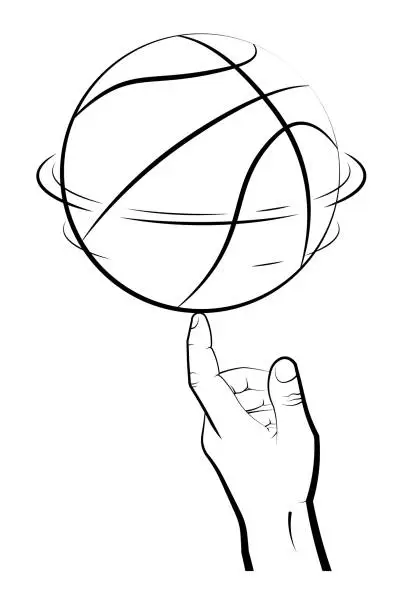 Vector illustration of man hand of athlete spins basketball ball on index finger. Team sports. Tricks. Active lifestyle. Black and white vector
