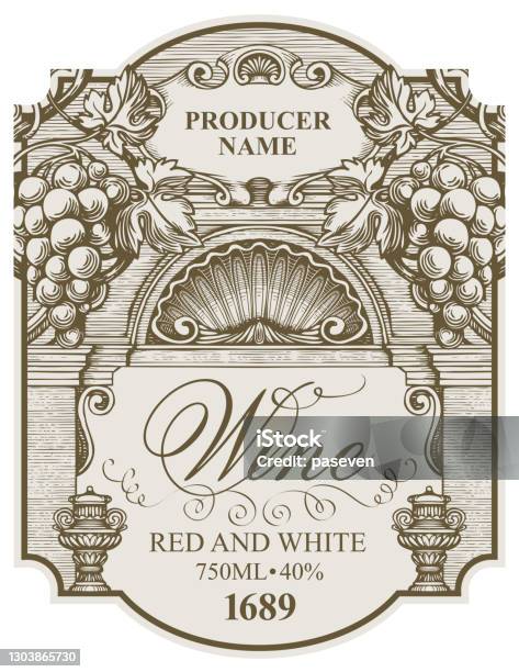 Étiquette De Vin Dessinée À La Main Avec Des Grappes De Raisins Vecteurs libres de droits et plus d'images vectorielles de Vin