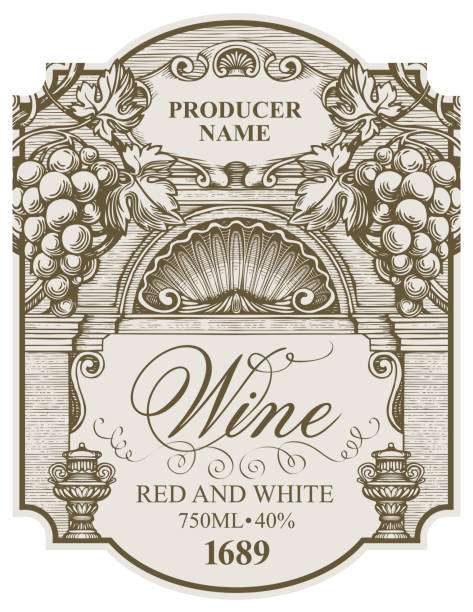 hand drawn wine label with bunches of grapes Vector wine label with bunches of grapes, a seashell and inscriptions in a figured frame. Hand-drawn ornate baroque label, tag or sticker in vintage style vineyard wine frame vine stock illustrations