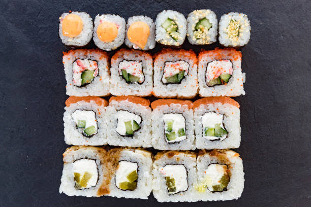 istock The rolls are lined with stone dishes. A pattern of rolls. Japanese cuisine. 1303866194