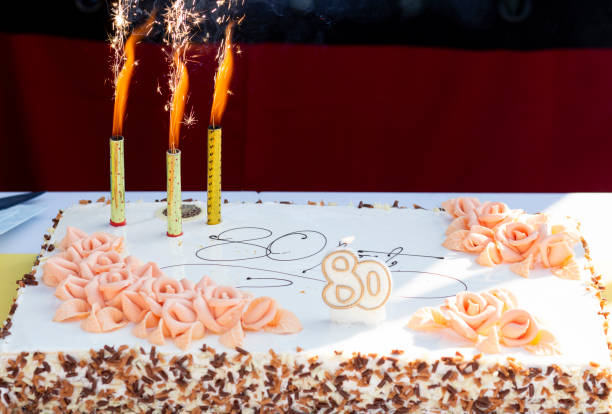 istock Birthday cake with candles for 80-year-old person 1303866978