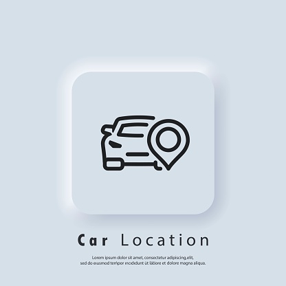 Rent car logo. Car location pin icon. Geolocation auto. Vector EPS 10. UI icon. Neumorphic UI UX white user interface web button. Neumorphism