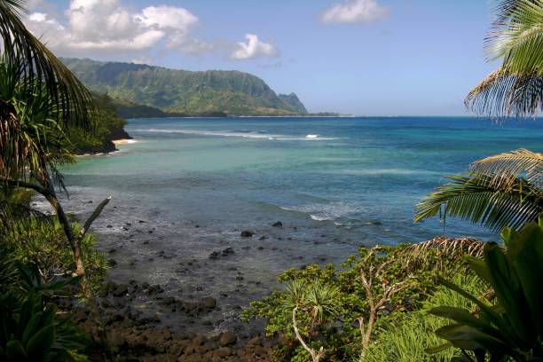 マカナピークを持つトンネルビーチ(バリハイとも呼ばれる)を背景に、ハワイのカウアイ島 - bali hai ストックフォトと画像