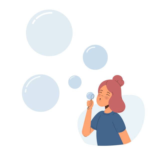 illustrations, cliparts, dessins animés et icônes de jeune fille soufflant des bulles d’isolement sur le fond blanc. - bubble child bubble wand blowing