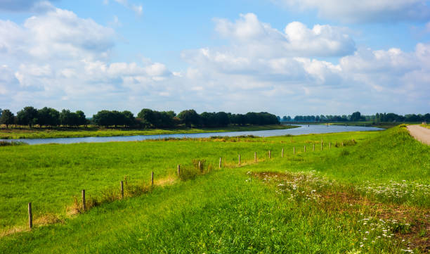 istock Panoramic view with dike and river in the Netherlands 1303870359