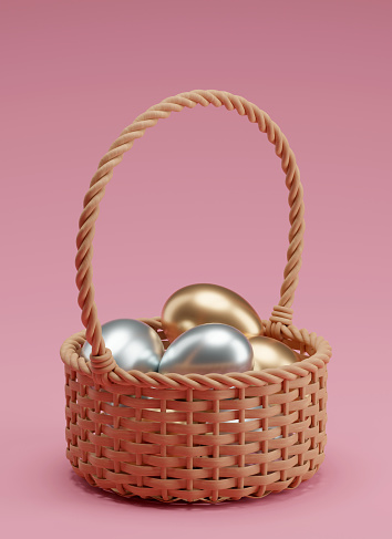Easter basket filled with golden and silver eggs on pink background. 3d render