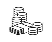 Money icon. A simple image of a bundle of paper money and coins. Linear drawing. Isolated vector on a pure white background.
