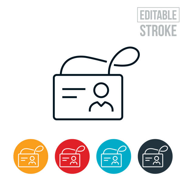 Photo ID Badge Thin Line Icon - Editable Stroke An icon of a photo ID badge. The icon includes editable strokes or outlines using the EPS vector file. name tag stock illustrations