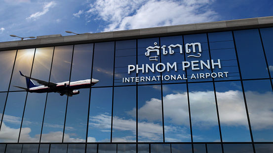 Jet aircraft landing at Phnom Penh, Cambodia 3D rendering illustration. Arrival in the city with the glass airport terminal and reflection of the plane. Travel, business, tourism and transport concept.