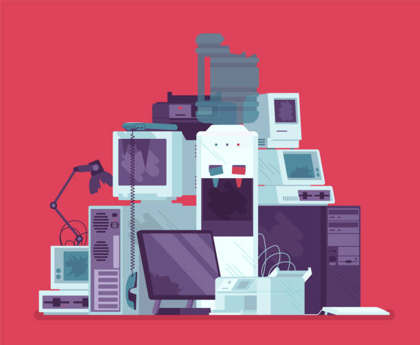 Electronic appliances waste trash pile, broken office equipment Electronic appliances waste trash pile, broken office equipment. Unwanted technology devices, not working digital rubbish, dangerous toxic metal, used materials. Vector creative stylized illustration utilize stock illustrations
