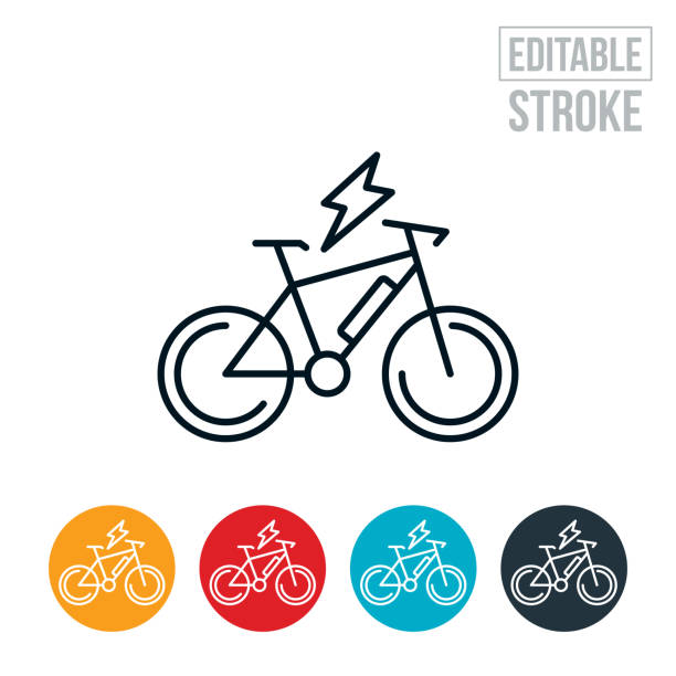 illustrazioni stock, clip art, cartoni animati e icone di tendenza di icona linea sottile bici elettrica - corsa modificabile - bicicletta elettrica