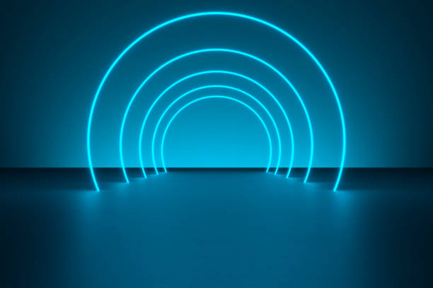 istock Modern empty abstract background illuminated by blue circle curved neon lights / frames as a tunnel in diminishing perspective, 80's retro style 1303875650