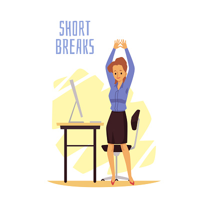 Woman office worker doing shot break at workplace to avoid office syndrome, flat vector illustration isolated on white background. Short body workout in office.