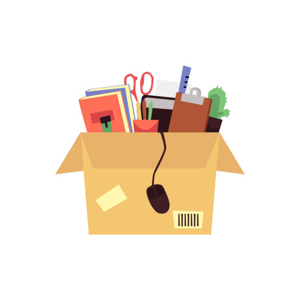 ilustrações de stock, clip art, desenhos animados e ícones de cardboard box for office relocation, flat vector illustration isolated. - mover