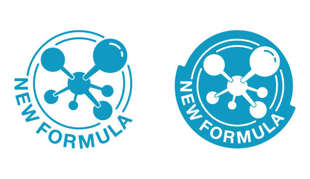 New Formula sticker with molecular cell New Formula sticker badge in circular form with molecular cell elements - isolated vector sticker for packaging information chemical formula stock illustrations