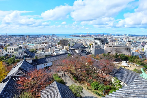 Wakayama, Japan - 25 November, 2016 : High angle view of Wakayama cityscape, view from rooftop of the Wakayama castle.