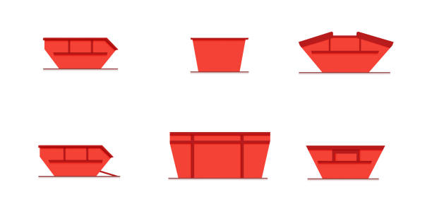 set of skip bin is a large open-topped waste container. red skip vector icon illustration set of skip bin is a large open-topped waste container. red skip vector icon industrial garbage bin stock illustrations