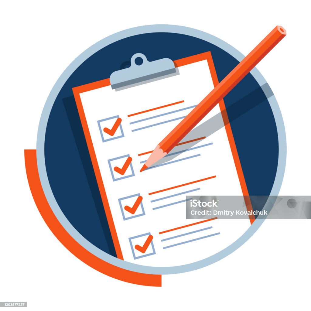 Paper checklist and pencil flat pictogram - Royalty-free Inventário arte vetorial
