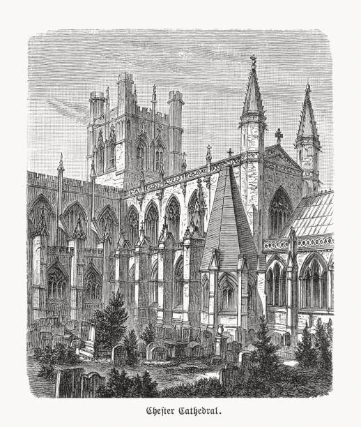 체스터 대성당, 영국, 나무 조각, 1893 년에 출판 - chester england church cathedral tower stock illustrations