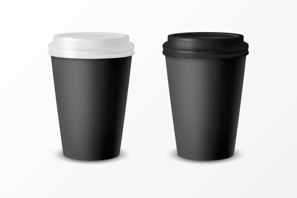 istock Vector 3d Realistic Black Paper Disposable Cup with White and Black Lid Set Isolated on White Background. Stock Vector Illustration. Design Template. Front View 1303878500