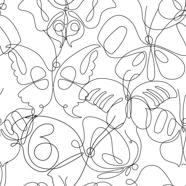 schmetterling linie kunst nahtlose muster. fliegende schmetterlinge auf einfachem hintergrund - butterfly backgrounds seamless pattern stock-grafiken, -clipart, -cartoons und -symbole