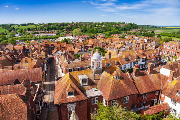 Rye townscape East Sussex England UK Aerial view of picturesque Rye town, a popular travel destination in East Sussex, England, UK, as seen from the Saint Mary parish church bell tower east sussex photos stock pictures, royalty-free photos & images