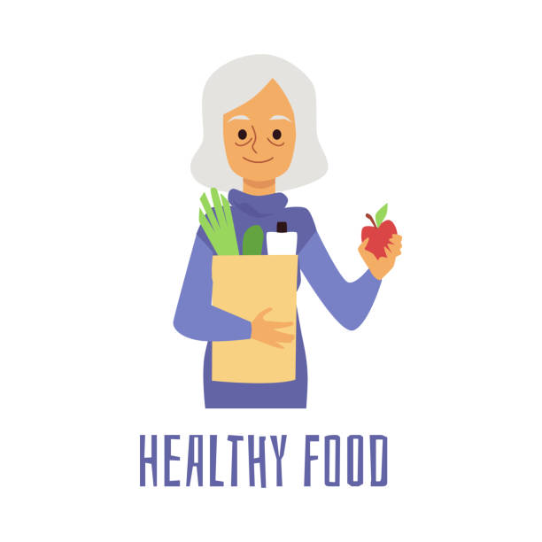 Senior woman with healthy food. Cartoon old lady holding grocery bag Senior woman with healthy food. Cartoon old lady holding grocery bag with fruits and vegetables, good diet and nutrition concept for elderly, isolated vector illustration mature woman healthy eating stock illustrations