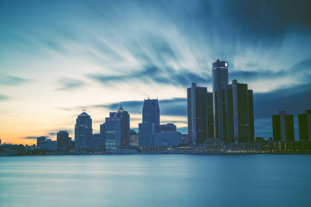 istock Detroit city skyline with dramatic sky during sunset 1303881845