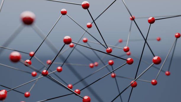 istock Red spheres on blue background, concept of network 1303882945