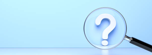 White question mark with magnifying glass on blue background and empty copy space on left side, FAQ Concept stock photo