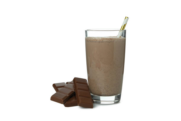 istock Chocolate milkshake and chocolate slices isolated on white background 1303883162