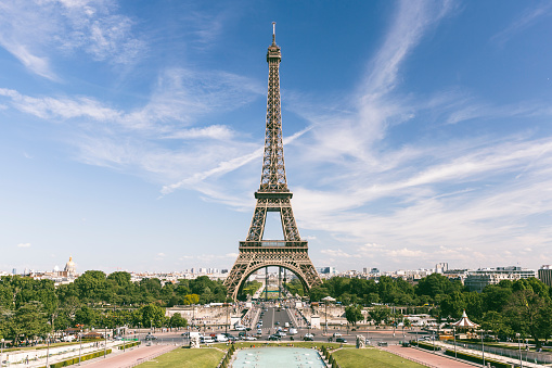 Trocadero Gardens with Eiffel Tower in Paris France