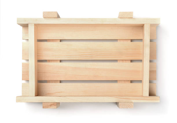 Top view of empty wooden fruit crate isolated on white