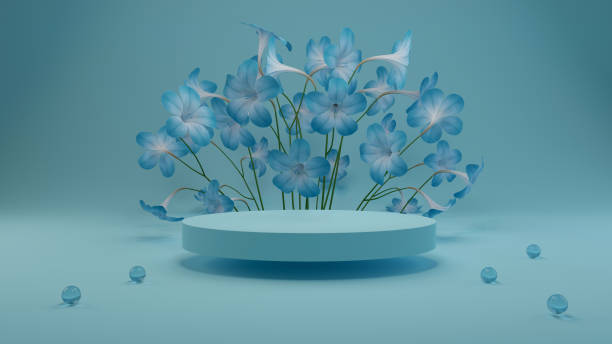 istock 3D rendering flower background blue color with geometric shape podium for product display, minimal concept, Premium illustration pastel floral elements, beauty, cosmetic, valentines day 1303885838