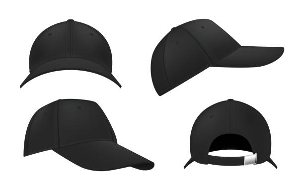 ilustrações de stock, clip art, desenhos animados e ícones de baseball cap in black color realistic mockups set. front, side, back, three quater view. sport male hat. - baseball cap illustrations