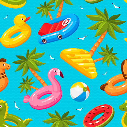 Swimming summer seamless pattern with palm trees, seagulls, inflatable rings.