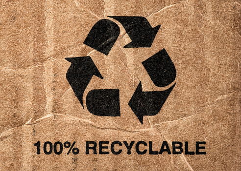 A 100% Recyclable message below a large recycling symbol on cardboard packaging.