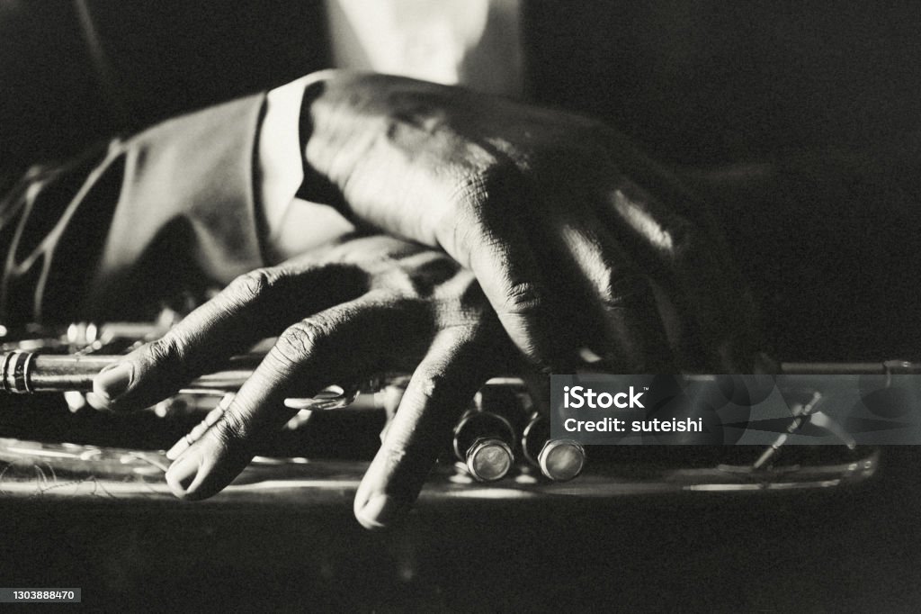 The hands of the musician Trumpet, vintage, dark, art, jazz, trumpet player, hand, light and shadow, Music Stock Photo